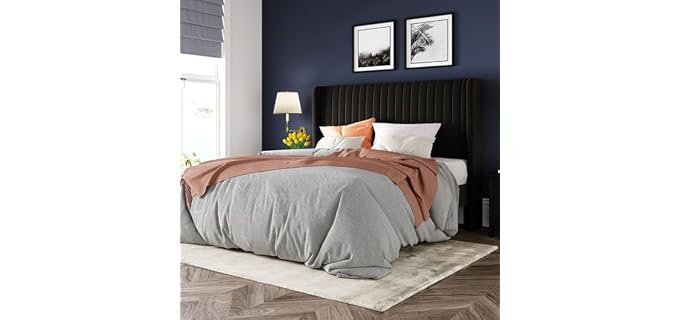 Allewie Queen Size Velvet Bed Frame/Vertical Channel Tufted Wingback Headboard/Upholstered Platform Bed/Strong Wooden Slats/No Box Spring Needed/Easy Assembly/Black