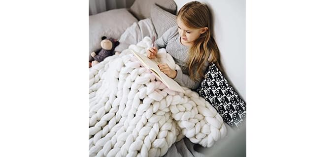 BBPM Chunky Knit Blanket Merino Wool Throw Blanket Arm Knit Blanket Knitted Blanket from Chunky Yarn Handmade Home Decorate,White,100x150cm/39x59in