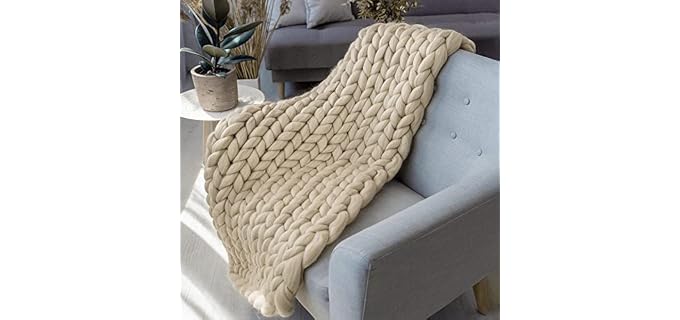 BBPM Chunky Knit Throw Blanket 100% Hand Made Large Merino Wool Loop Yarn Soft Fluffy Throws for Couch Sofa Bed Big Crochet Cozy Heavy Thick Cable Woven Blanket,Beige,100x150cm/39x59in