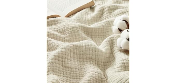 Bedsure 100% Cotton Muslin Blankets for Adults, King, 4-Layer, Linen Beige