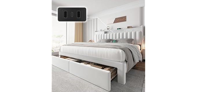 CypBed King Bed Frame with 4 Storage Drawers and Headboard,Charging Station