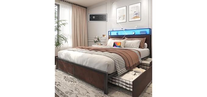 Lifezone Queen Bed Frame with 2-Tier Storage Headboard, Metal Platform Bed Frame with 4 Storage Drawers, Built in Charging Station & LED, Noise-Free/Metal Support/No Box Spring Needed, Coffee Brown