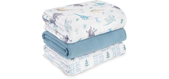 Muslin Swaddle Blankets for Newborn, 3 Pack Breathable Soft Receiving Blanket, Large 38 x 40 inches Swaddle Wrap Burping Clothes Diapers, Essentials Infant Shower Items, Toddler Gift (Blue Dinosaur)