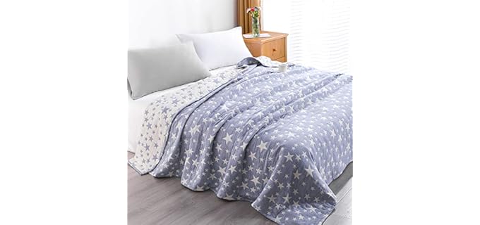NTBAY Twin 3 Layer Muslin Cotton Blanket, 68 x 92, Blue Stars
