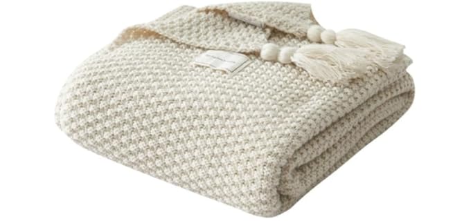 Soft Cable Knit Throw Blanket for Couch, 70.8x78.7 Inches Merino Wool Blend Chunky Knitted Blanket for Adults, Winter Warm Heavy Sofa Bed Throw, Cream Fringe Blanket(Beige,180 * 200CM)